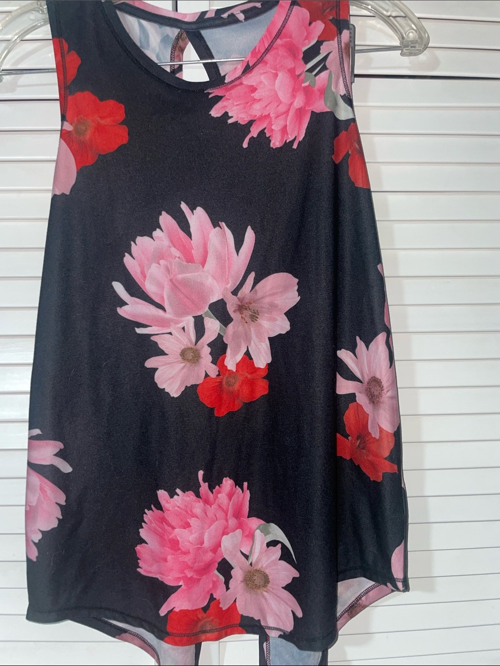 Old Navy Black Floral Tank Top with Pink and Red Blooms